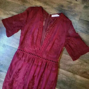 Burgundy Lace Low Cut Maxi Romper Dress Size Small